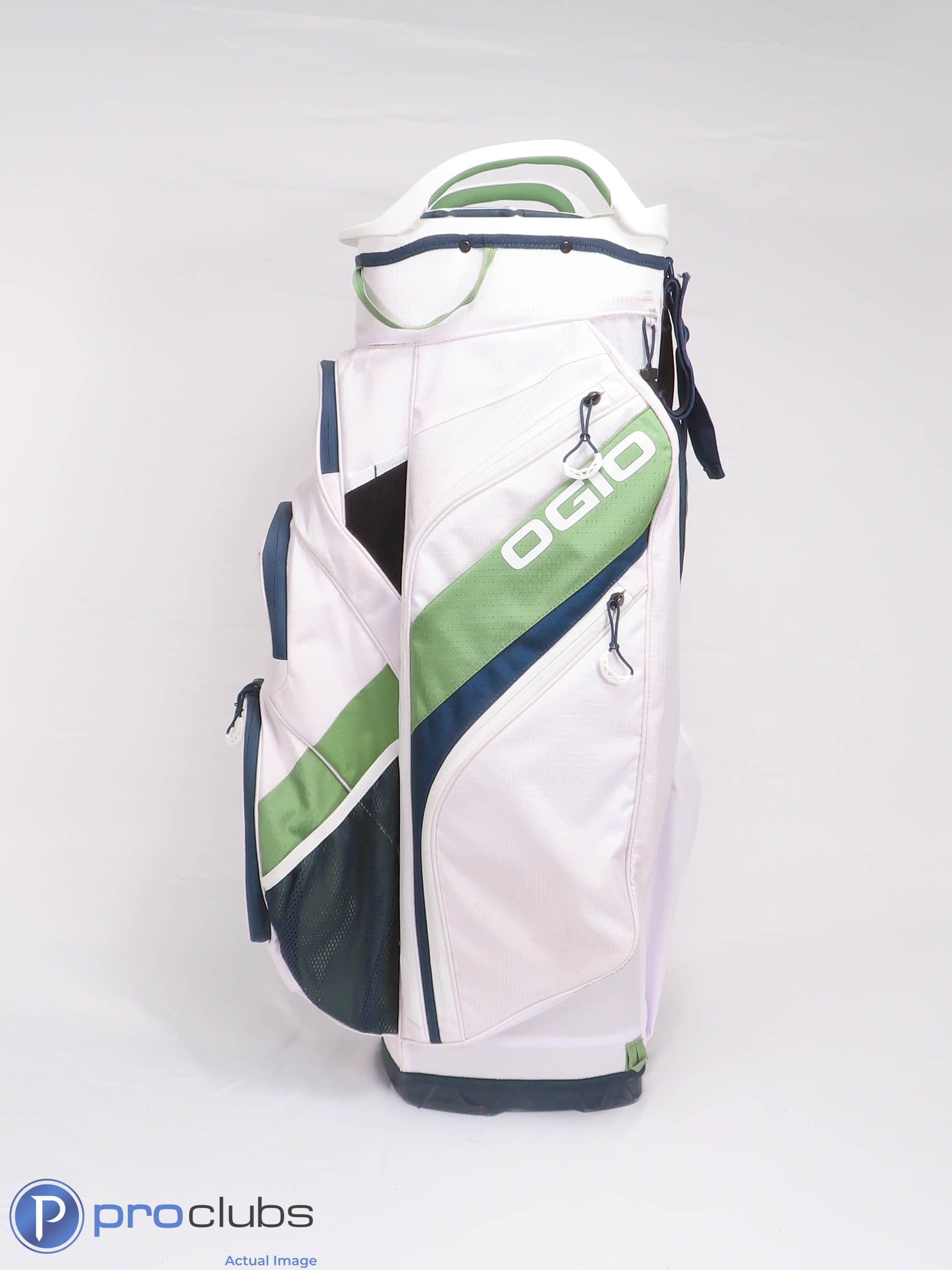Nice OGIO WOODE` 15-Way Cart Golf Bag w/Rainhood - White/Blue/Green 460206