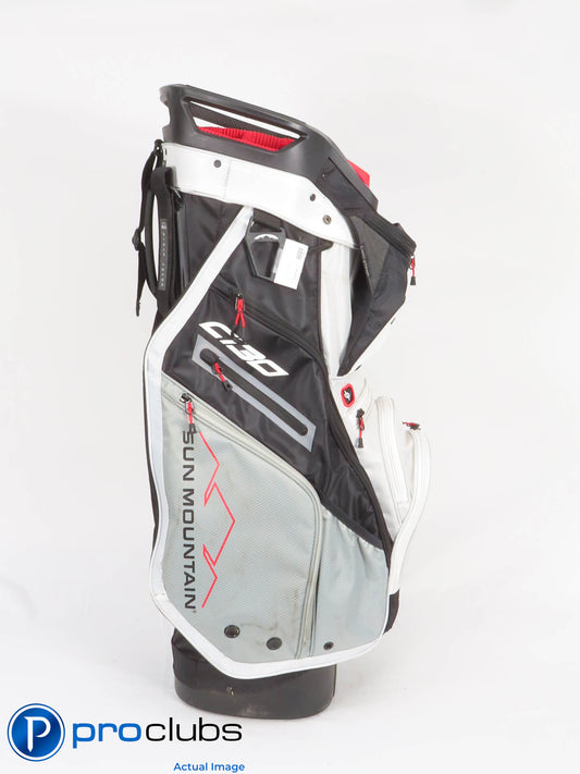 Nice! Sun Mountain C130 14-Way White / Black / Red Cart Bag w/ Rain Hood 428934